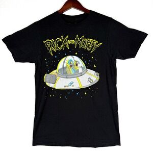 Rick & Morty T-Shirt Mens Small Black Spaceship Graphic Short Sleeve